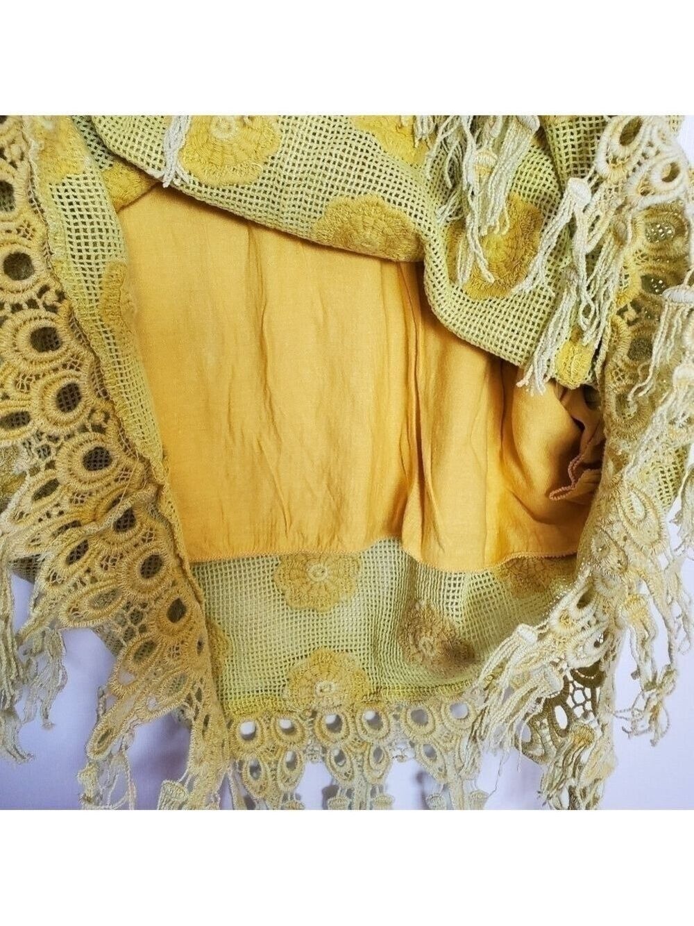 LANGUAGE DRESS SLEEVELESS FRINGE MUSTARD YELLOW EMBROIDERED FLORAL WOMANS ( XL ) - Picture 7 of 15